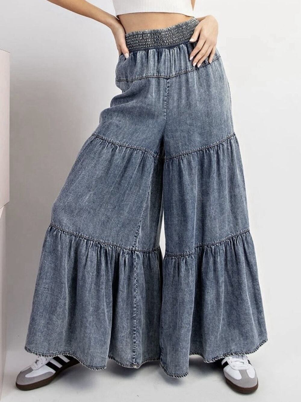 Snow Washed Denim Tiered Wide Leg Palazzo Pants eesome Sz S Chambray Blue